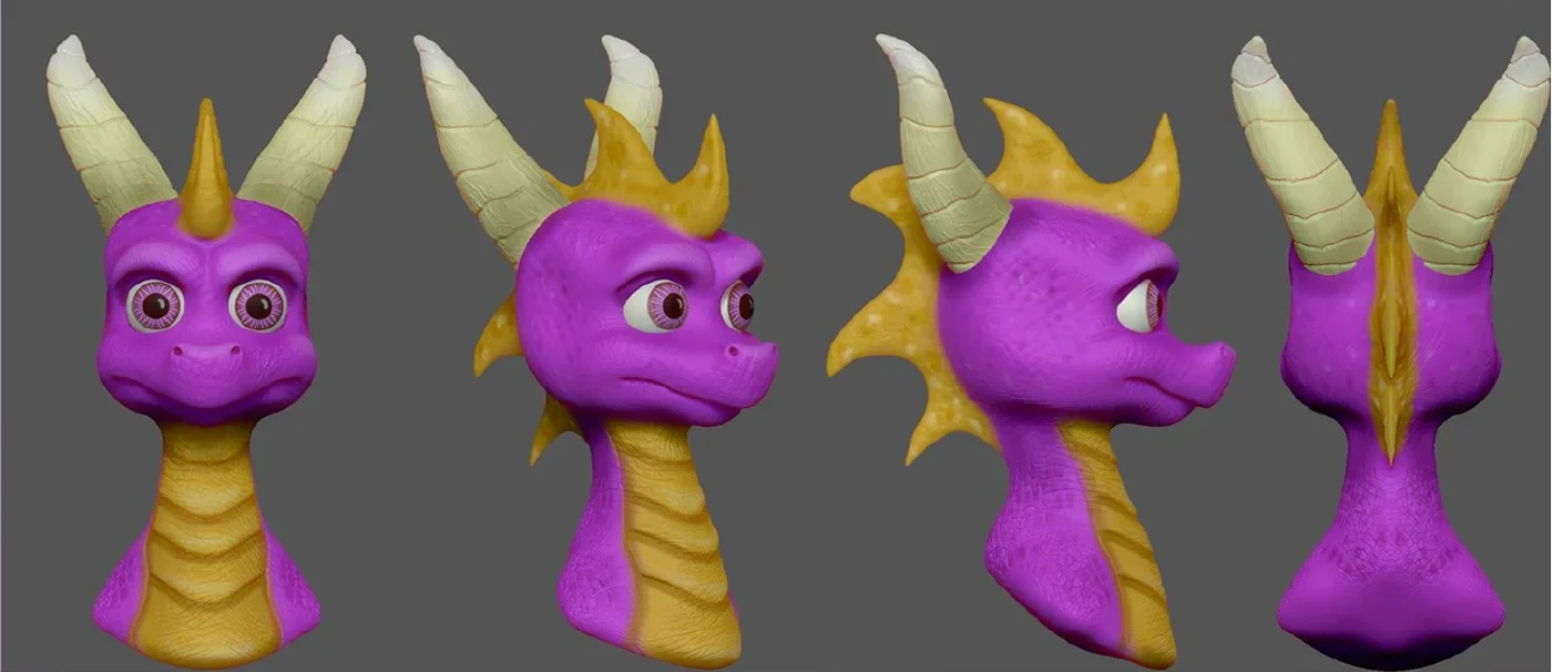 Render del busto 3D del dragón Spyro en cuatro vistas