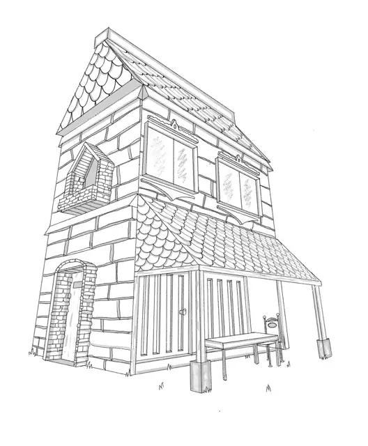 Layout a lápiz de una casa de piedra en perspectiva