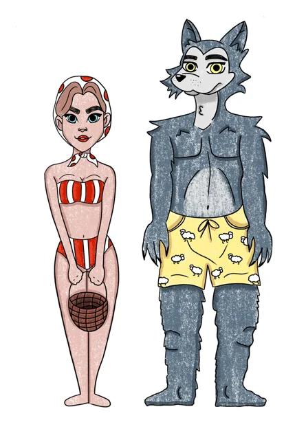Caperucita y el Lobo de cuerpo entero, uno junto al otro